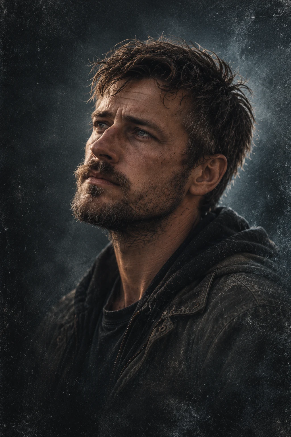 The Still Called character looking upward, in a weathered blue-gray portrait